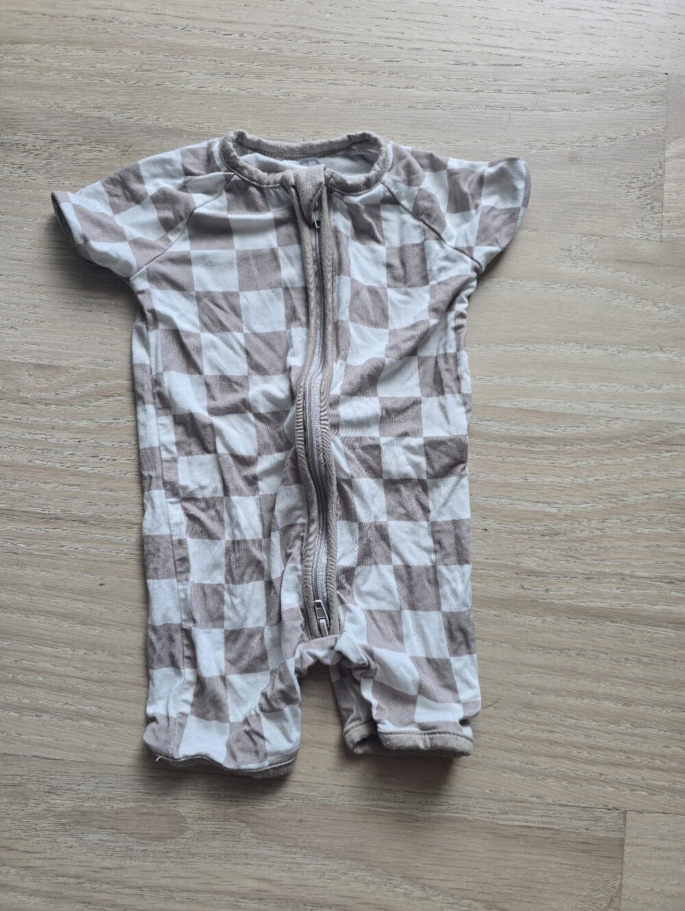 Kids One-Piece Zipper Romper in Beige Check